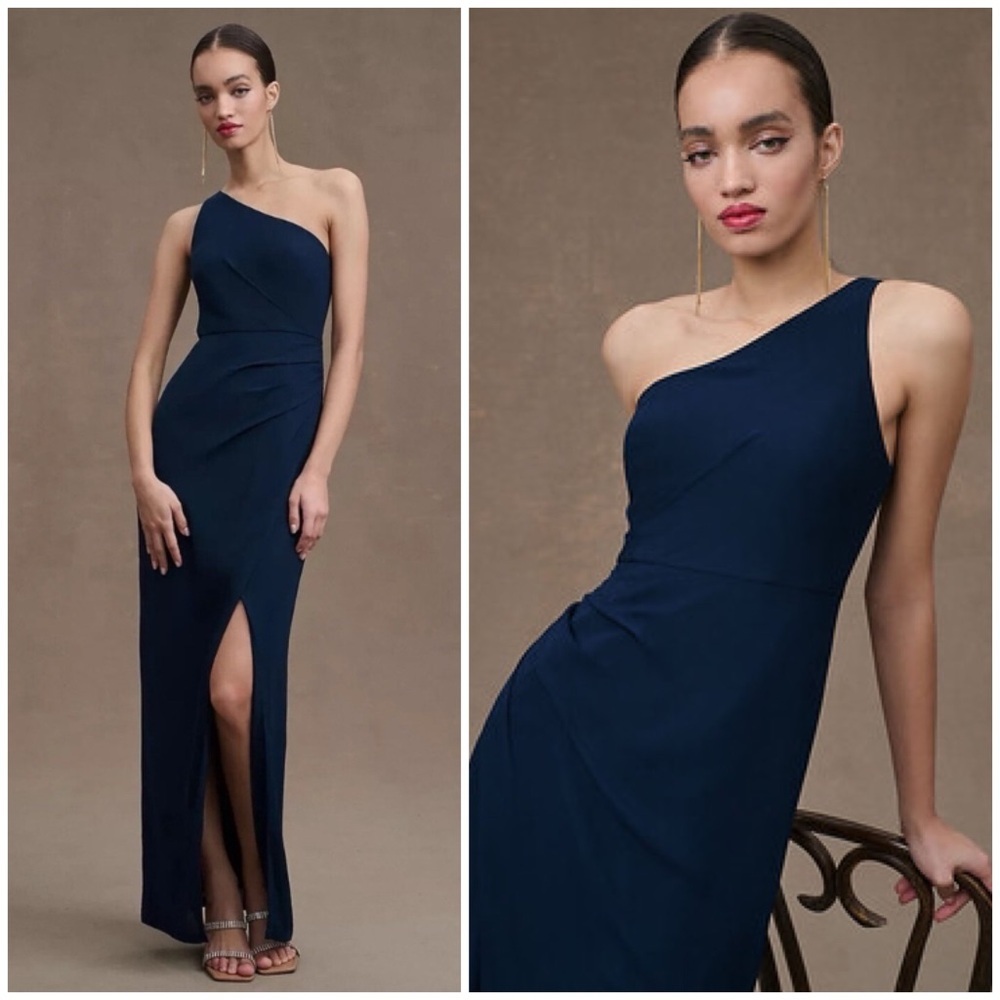 NWT BHLDN Anthropologie Chloe‎ One Shoulder Side Slit Georgette Gown Navy Sz. 2